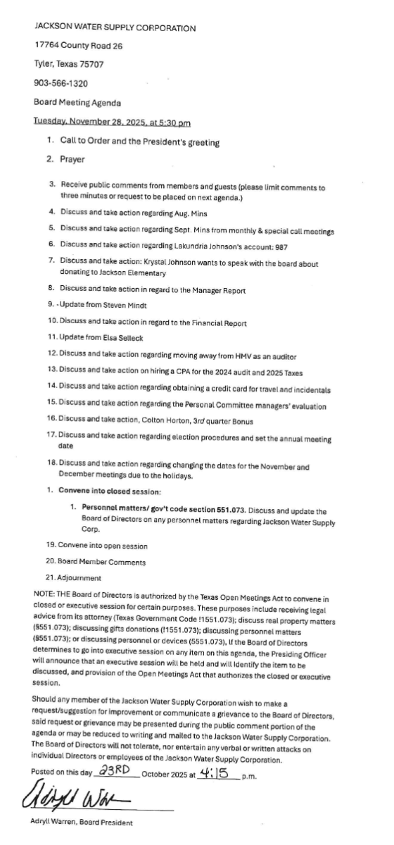 Agenda Board Meeting October 28, 2025
