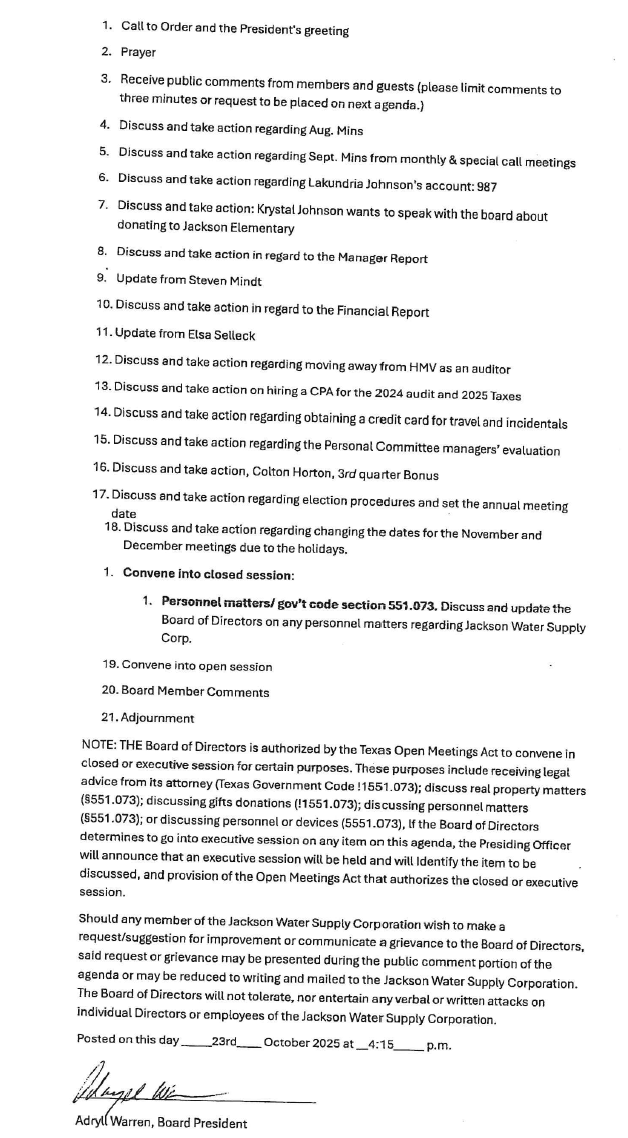 Agenda Board Meeting October 28, 2025