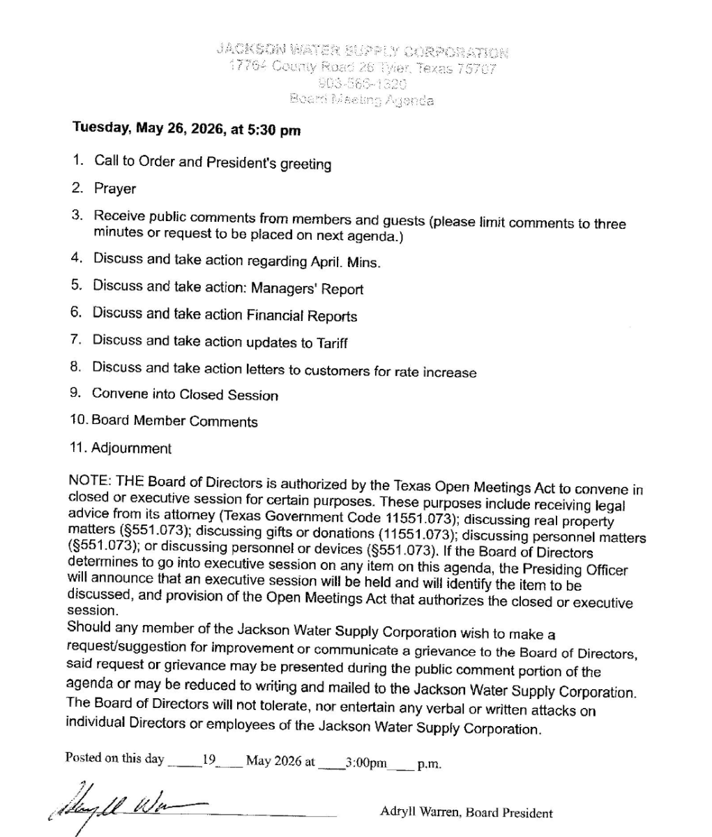 BOARD MEETING AGENDA MAY 26, 2026