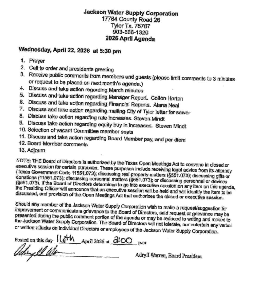 Board Meeting Agenda